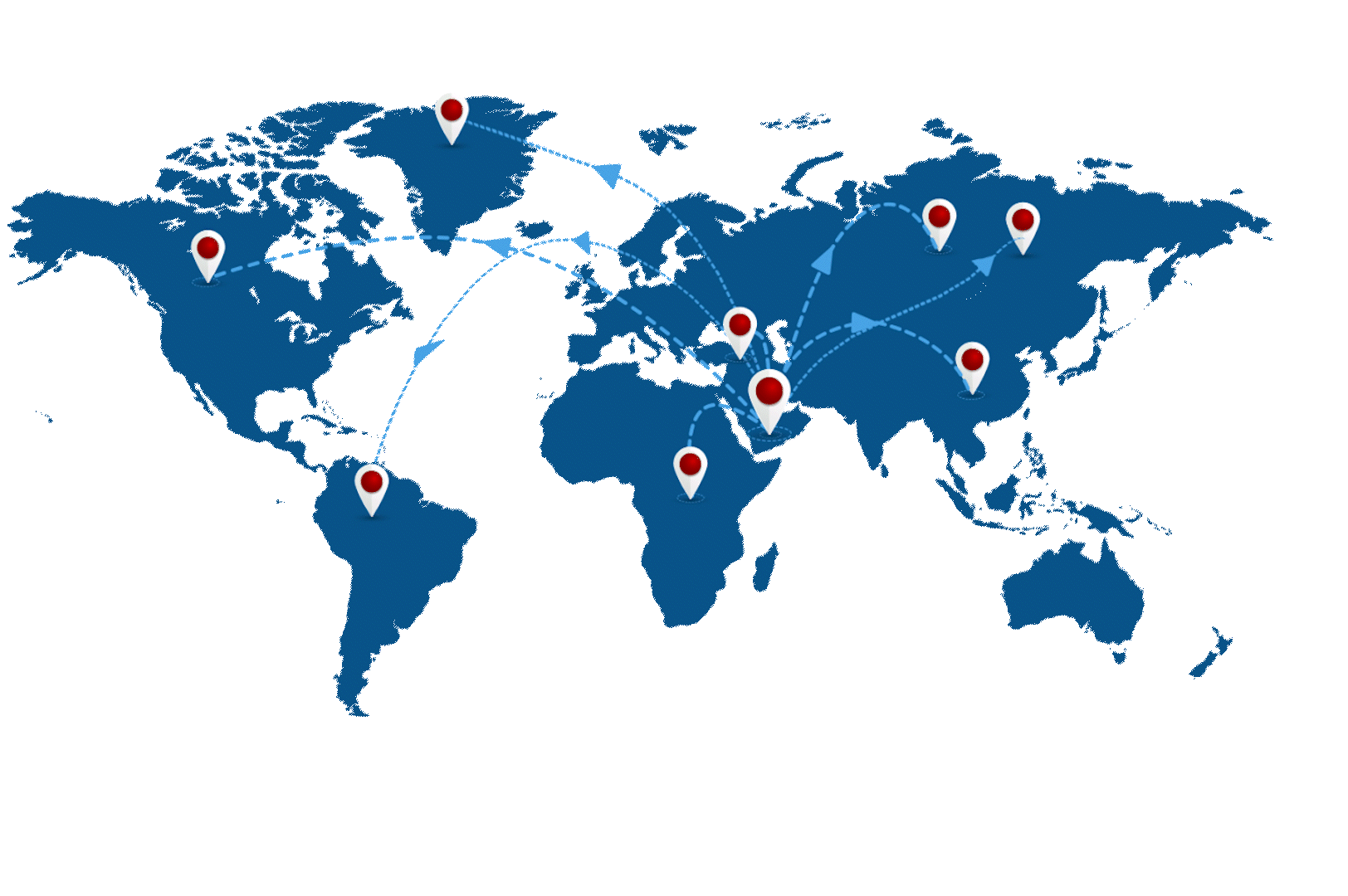 Animated map illustrating global export destinations from the UAE of The Deep Seafood Company, with dynamic arrows radiating outward to international markets highlighting key trade routes and partner regions